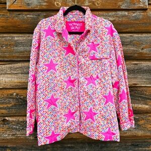 VINTAGE RARE Victoria's Secret Pajama Button Up Flannel Top Pink Stars Colorful